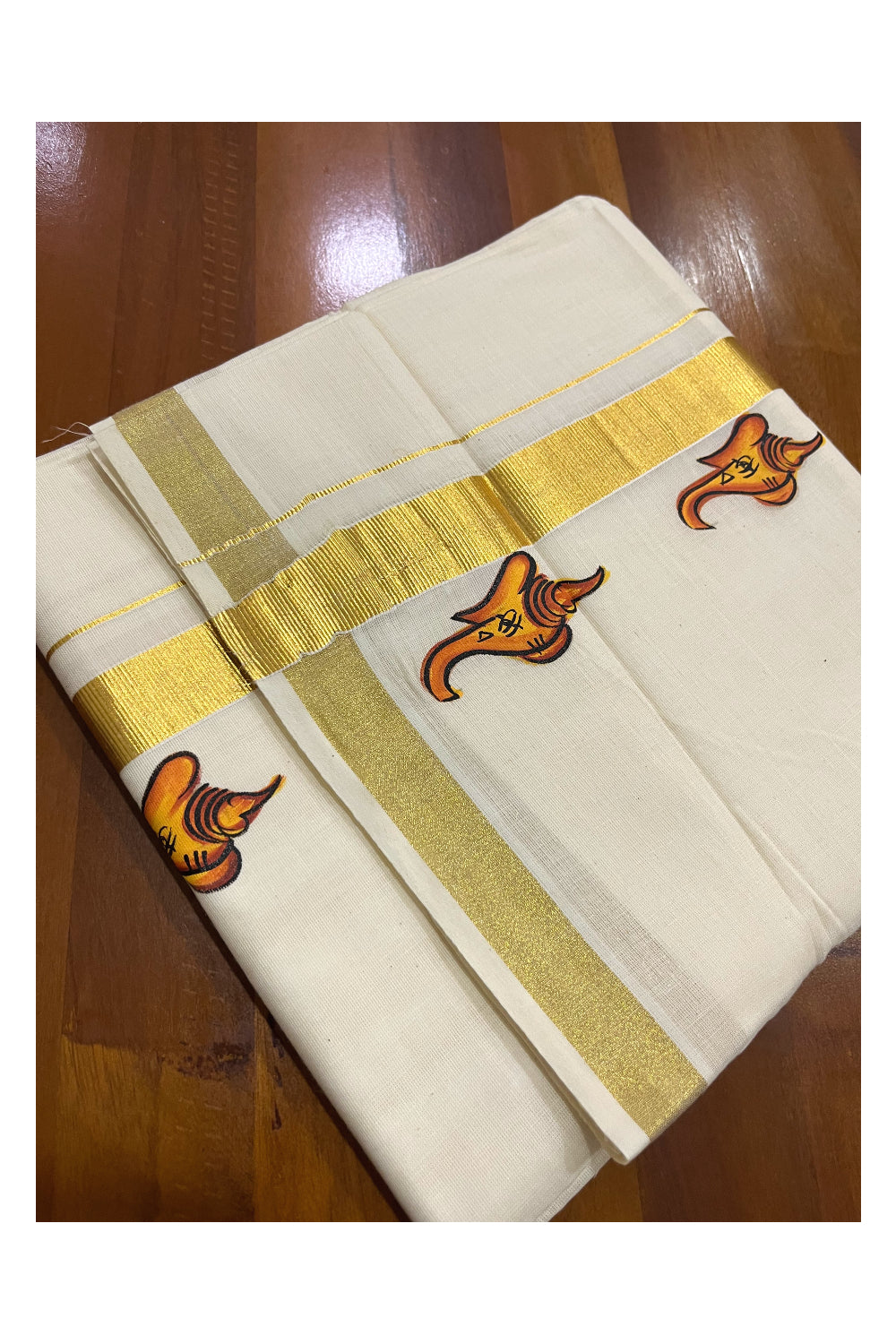 Off White Pure Cotton Double Mundu with Ganesha Mural Painted Design on Kasavu Kara (South Indian Kerala Dhoti)