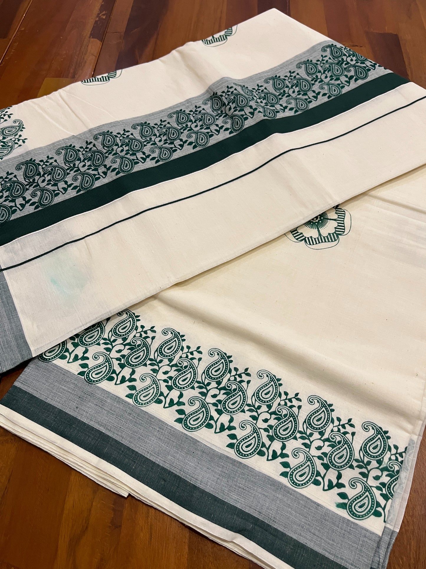 Pure Cotton Off White Kerala Saree with Green Paisley Block Prints on Border