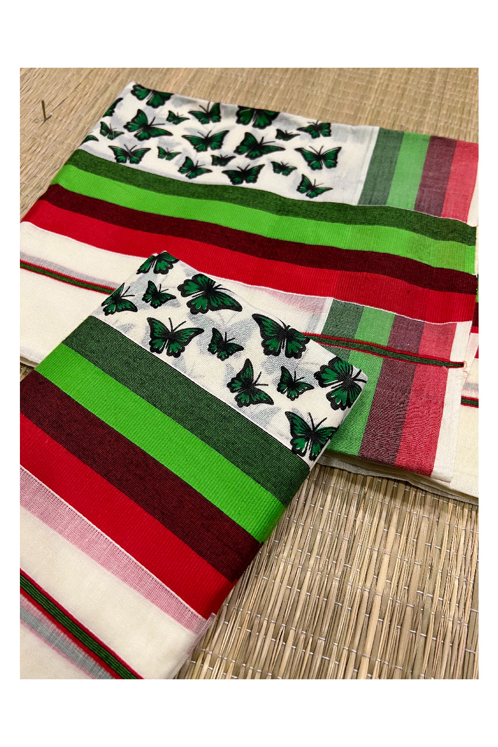 Kerala Cotton Set Mundu (Mundum Neriyathum) with Red Light Green Butterfly Block Prints on Border