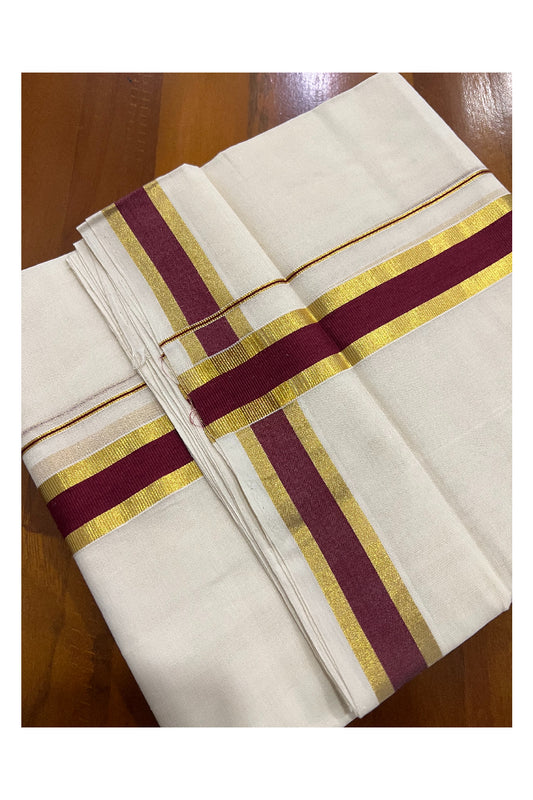 Southloom Balaramapuram Handloom Pure Cotton Mundu with Maroon and Kasavu Border (South Indian Dhoti)