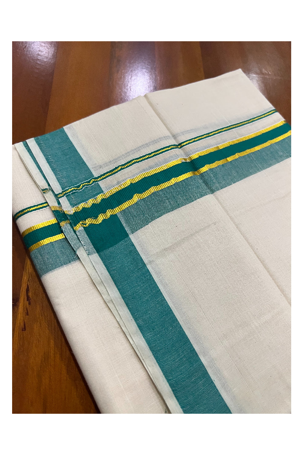 Off White Pure Cotton Double Mundu with Kasavu and Green Kara (South Indian Dhoti)