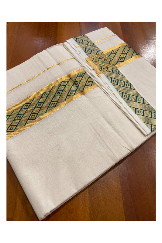 Off White Kerala Double Mundu with Kasavu and Green Woven Border (South Indian Dhoti)