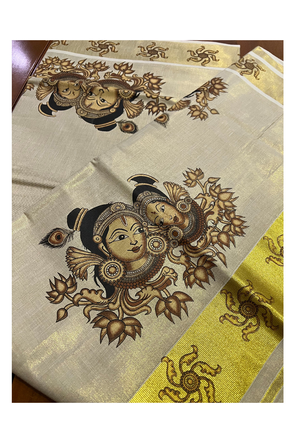 Kerala Tissue Kasavu Saree With Mural Krishna Radha Face Design and Printed Border