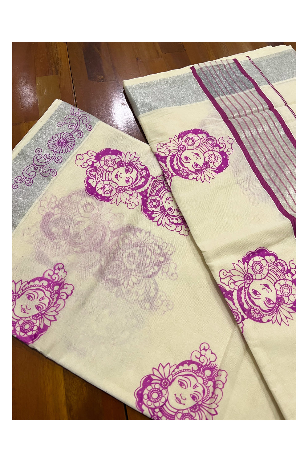Pure Cotton Kerala Silver Kasavu and Magenta Border Saree with Krishna Radha Block Prints
