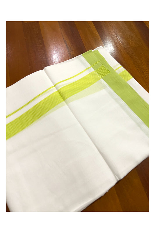 Pure White Cotton Double Mundu with Lines on Light Green Border (South Indian Dhoti)