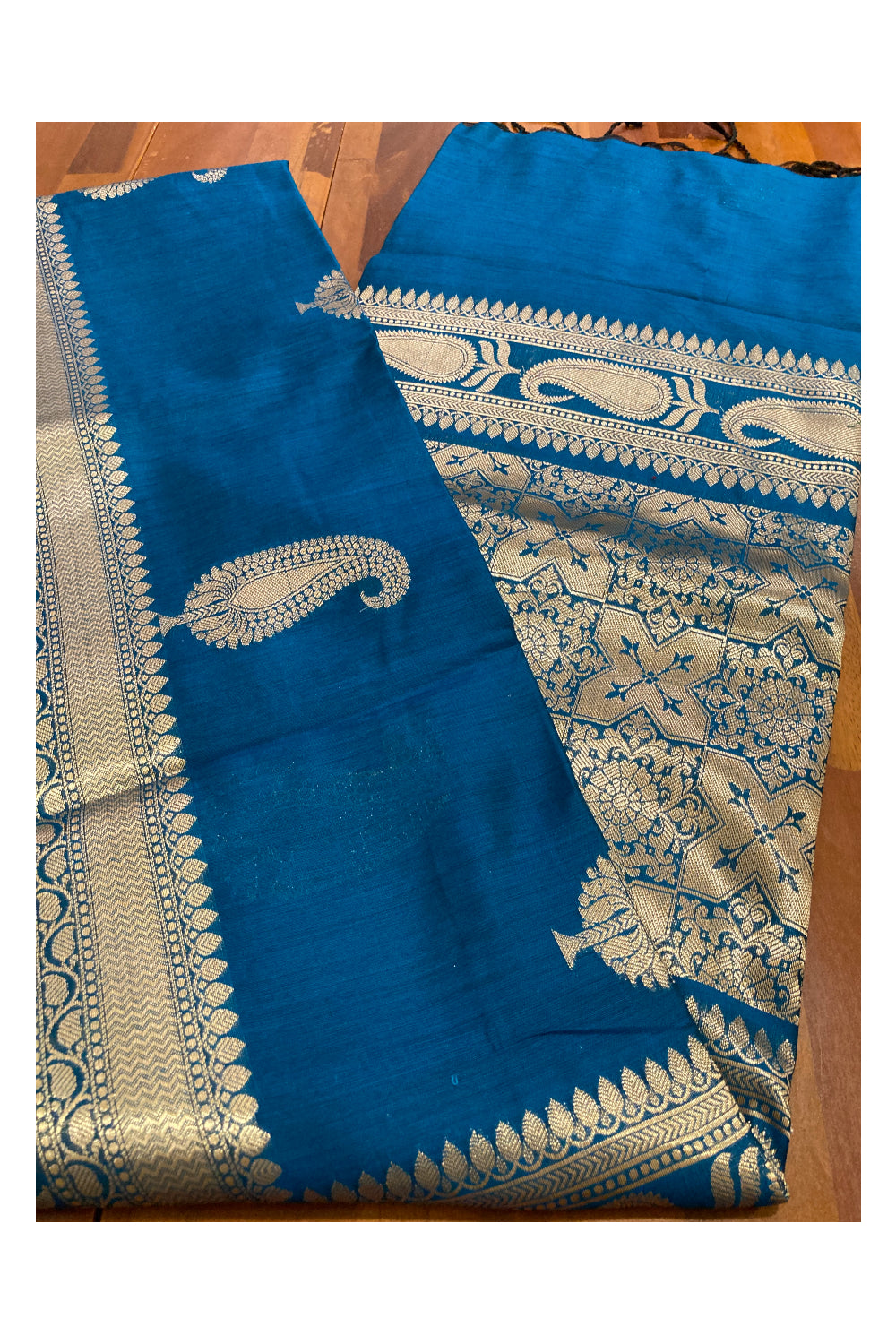 Southloom Blue Cotton Designer Saree with Kasavu Woven Works