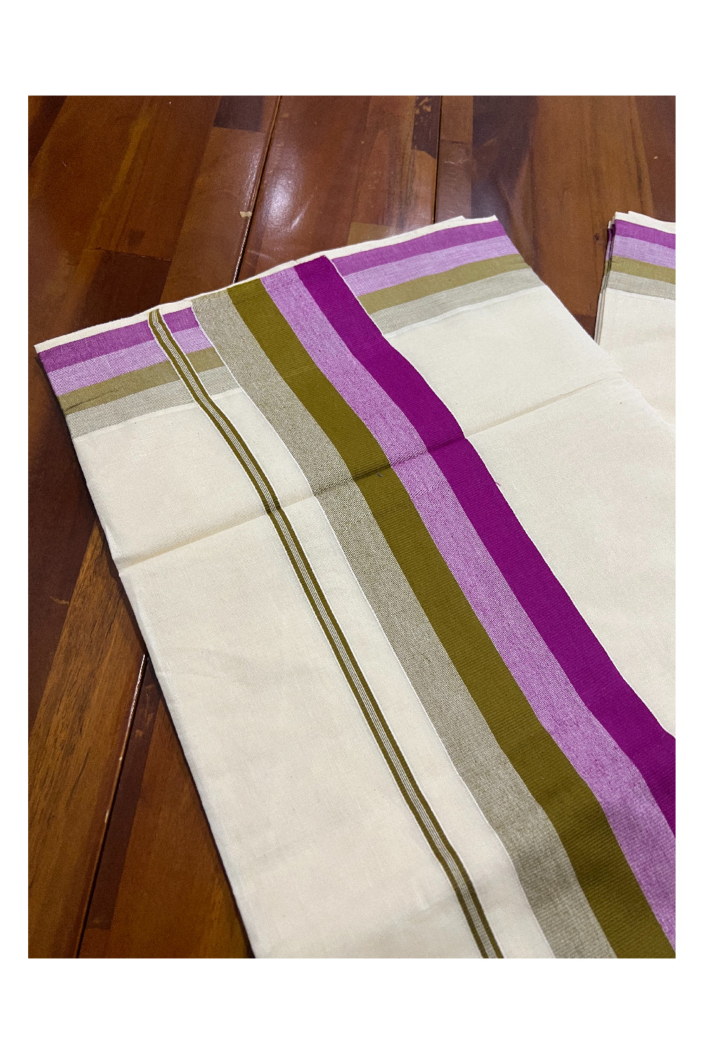 Kerala Cotton Saree with Magenta and Pale Green Lines Border Design