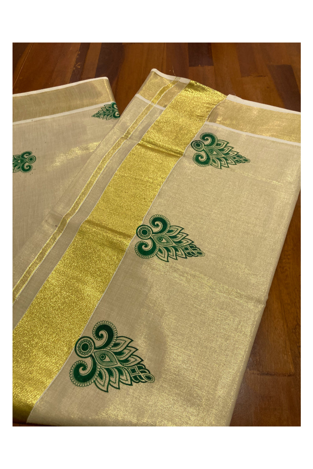 Kerala Tissue Kasavu Saree with Green Block Printed Design