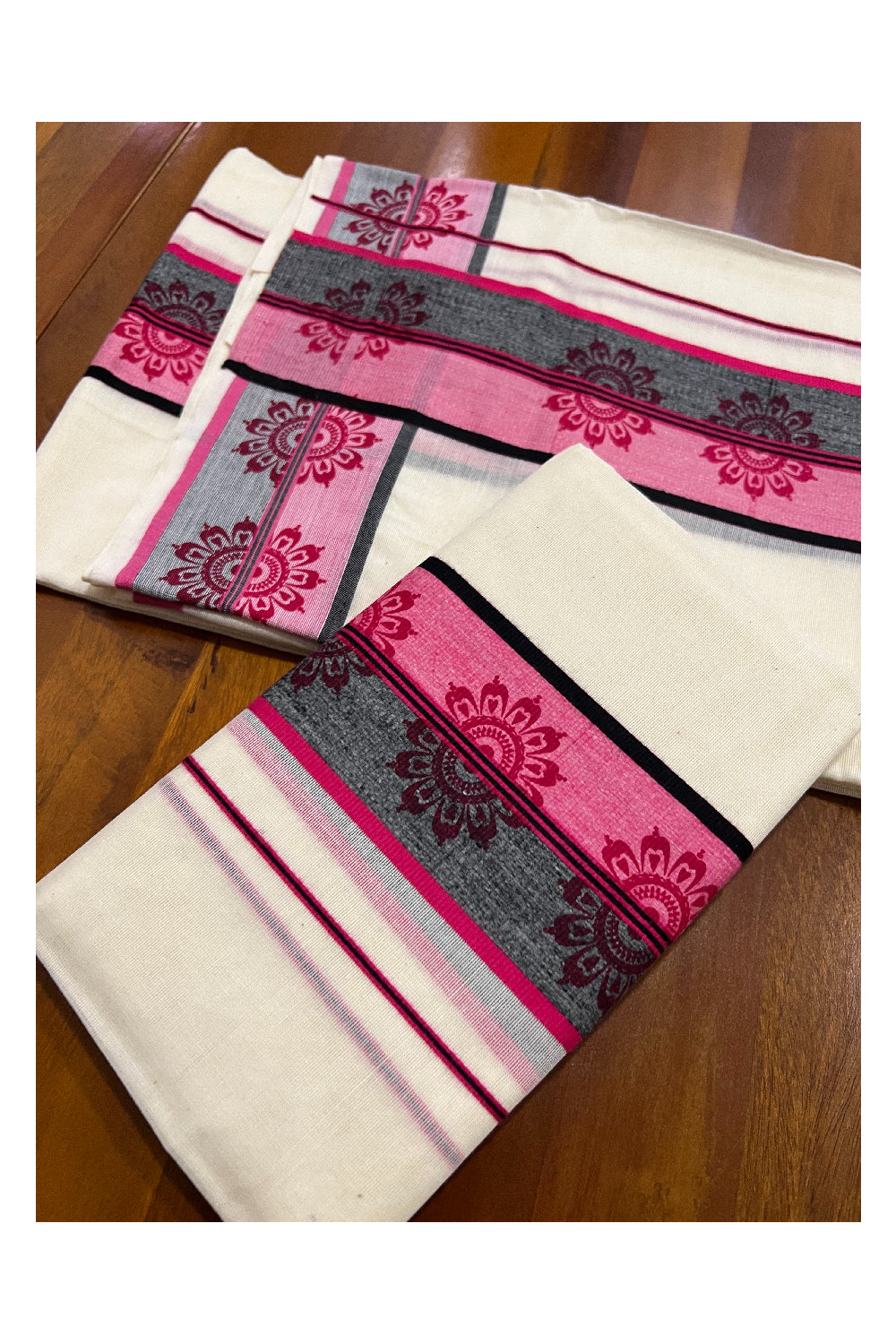 Kerala Cotton Set Mundu (Mundum Neriyathum) with Floral Block Prints on Pink and Black Border