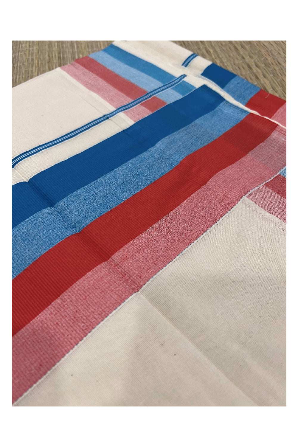 Pure Cotton Off White Kerala Saree with Red and Blue Lines Border Design