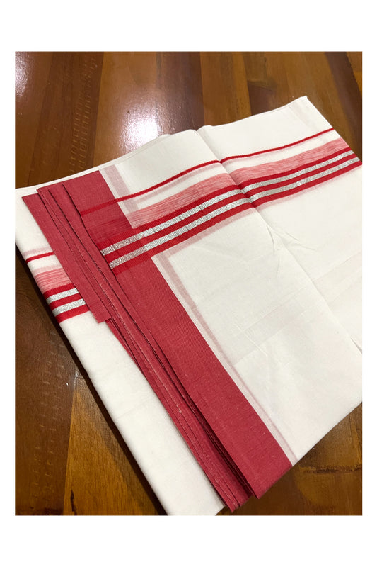 Pure White Cotton Double Mundu with Silver Kasavu and Red Border (South Indian Kerala Dhoti)