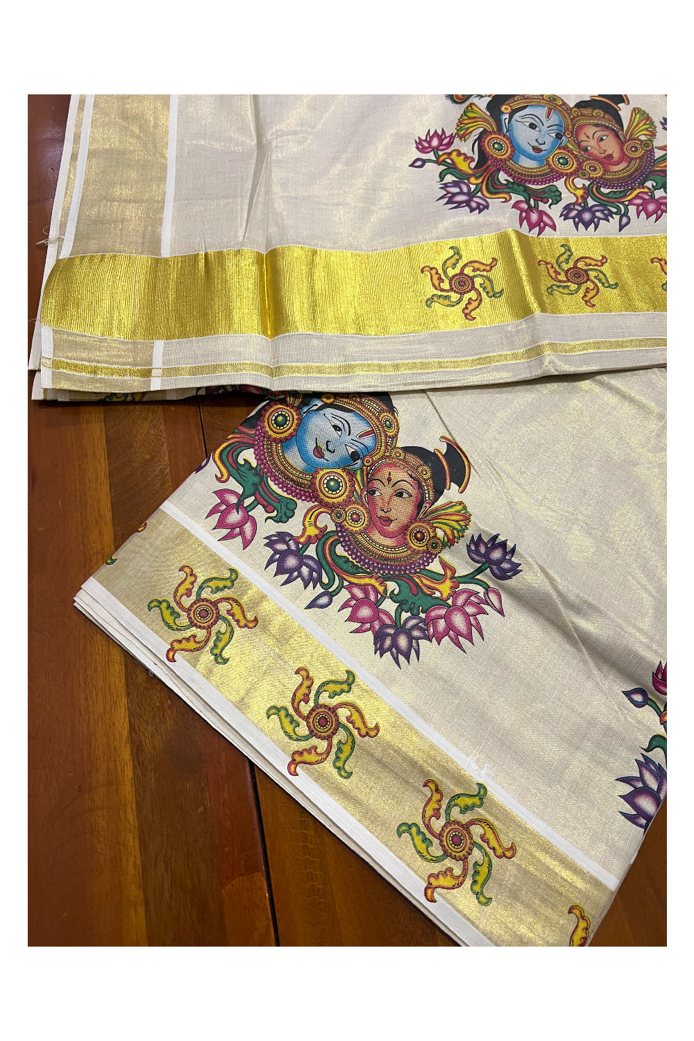 Kerala Tissue Kasavu Saree With Mural Printed Krishna Radha Design and Floral Works on Border