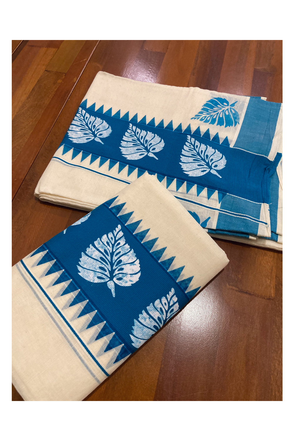 Kerala Cotton Set Mundu (Mundum Neriyathum) with White Leaf Block Prints on Blue Temple Border