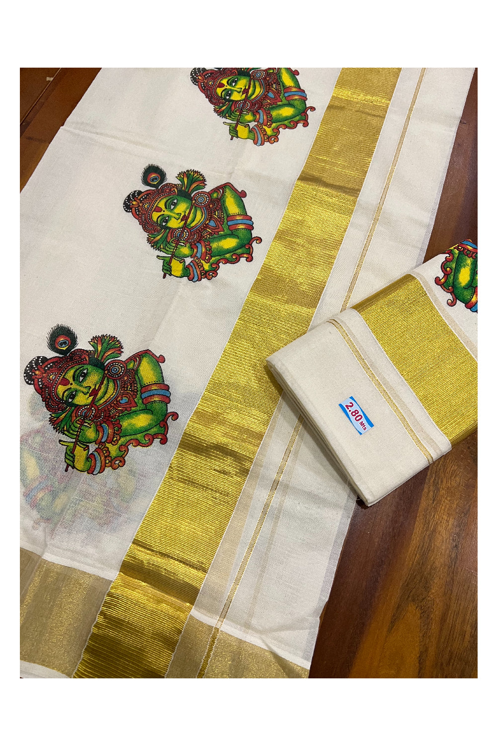 Pure Cotton Kasavu Set Mundu (Mundum Neriyathum) with Krishna Mural Prints on Border 2.80 Mtrs