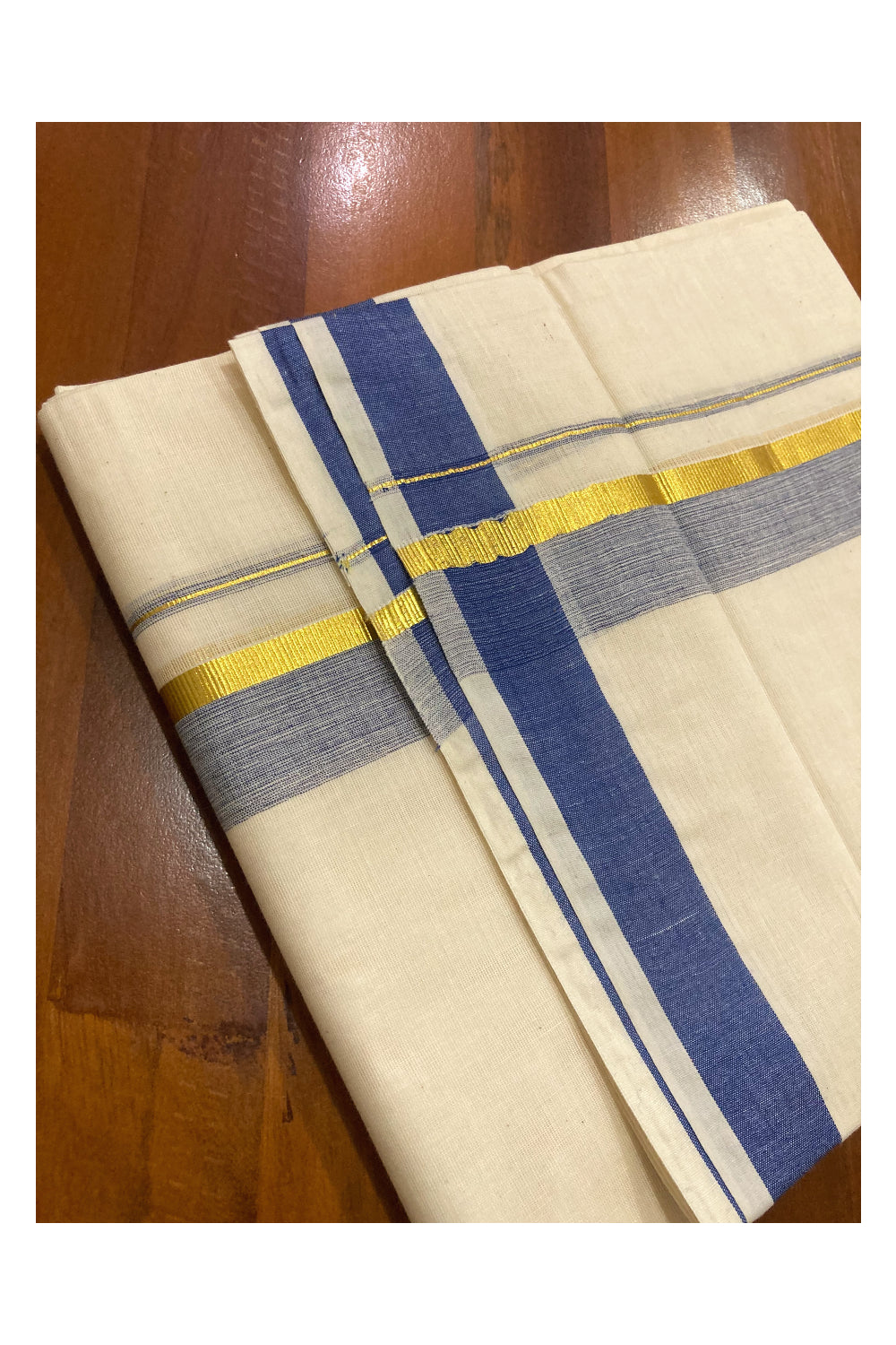 Pure Cotton Off White Double Mundu with Blue and Kasavu Border (South Indian Dhoti)