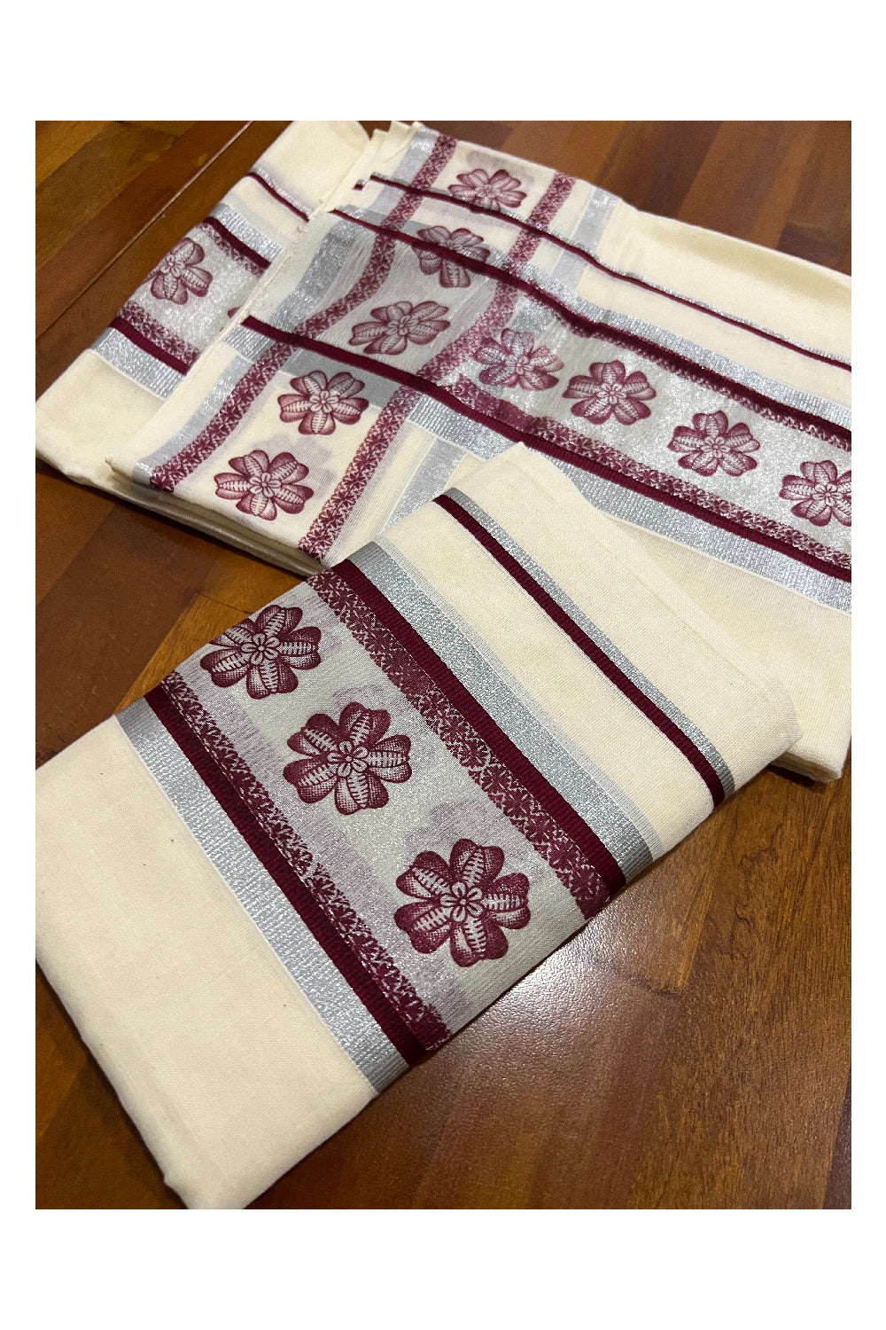 Cotton Silver Kasavu Set Mundu (Mundum Neriyathum) with Maroon Floral Block Prints on Border