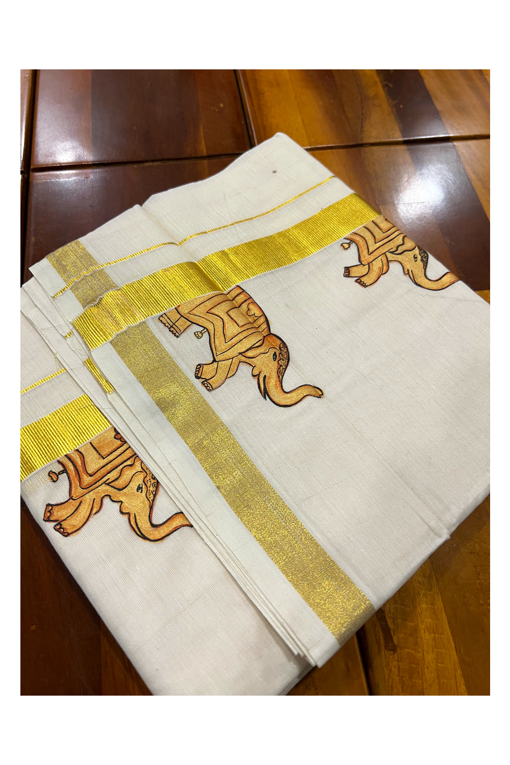 Pure Cotton Kasavu Mundu with Mural Hand Painted Elephant Design (South Indian Dhoti)