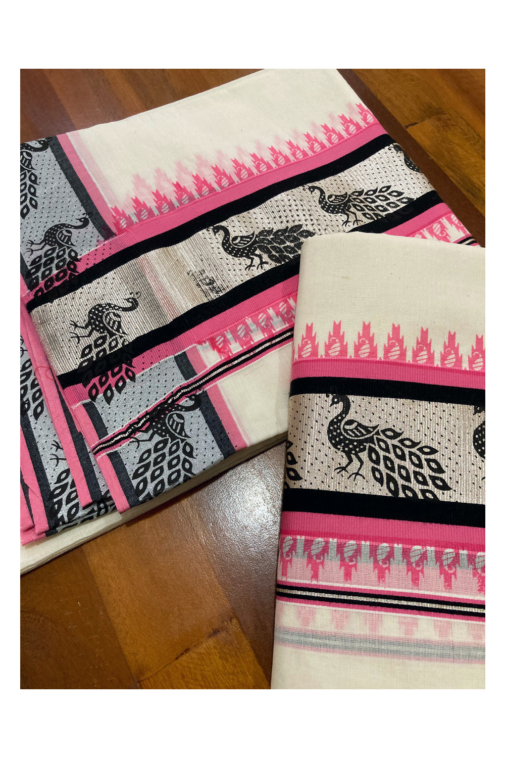 Cotton Silver Kasavu Set Mundu (Mundum Neriyathum) with Black and Pink Block Prints on Border 2.80 Mtrs