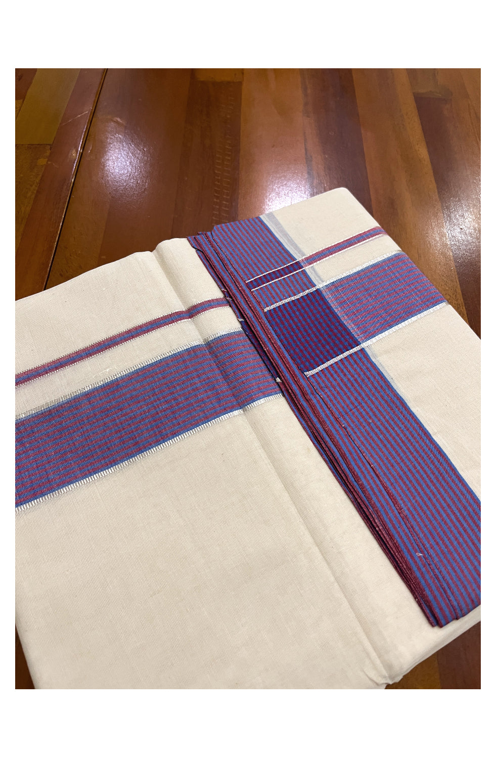 Pure Cotton Off White 100x100 Double Mundu with Silver Kasavu and Blue Red Lines Border (South Indian Dhoti)