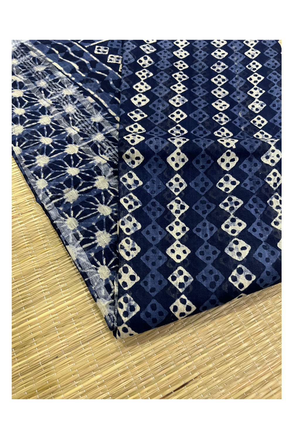 Southloom Linen Indigo Blue Saree with White Designer Prints and Tassels on Pallu