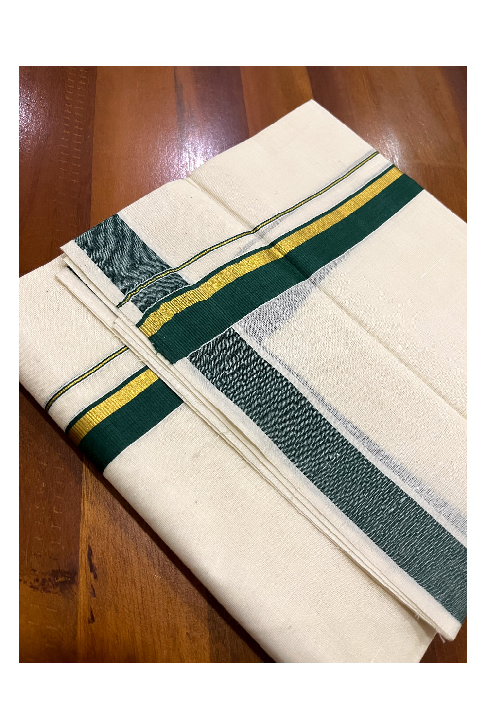 Pure Cotton Double Mundu with Kasavu Green Kara (South Indian Kerala Dhoti)