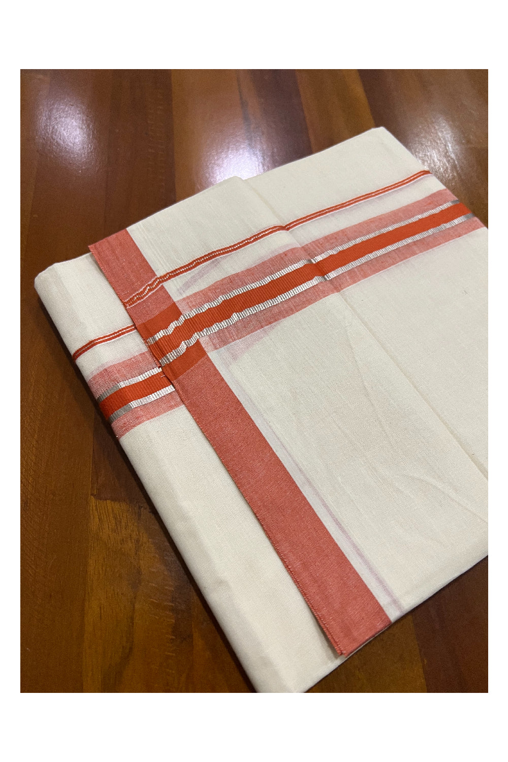 Pure Cotton Off White Double Mundu with Silver Kasavu and Orange Border (South Indian Kerala Dhoti)