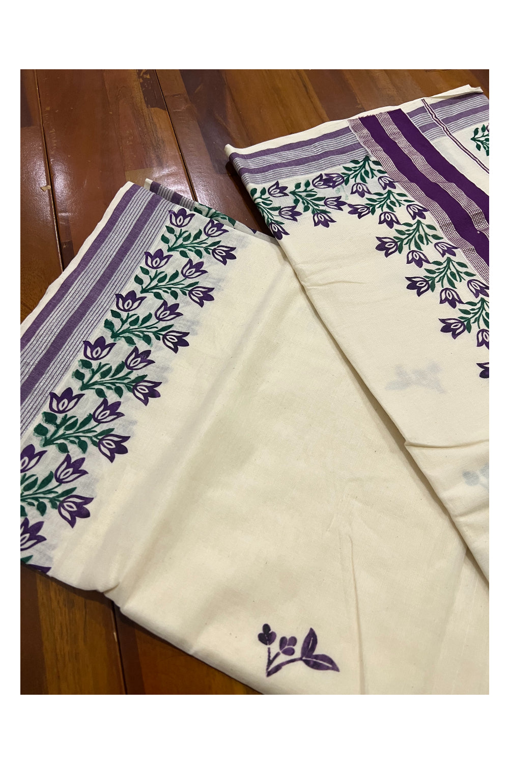 Pure Cotton Kerala Silver Kasavu Saree with Purple and Green Floral Block Printed Design