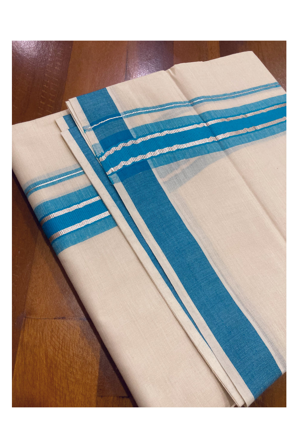 Off White Kerala Double Mundu with Silver Kasavu and Blue Border (South Indian Dhoti)