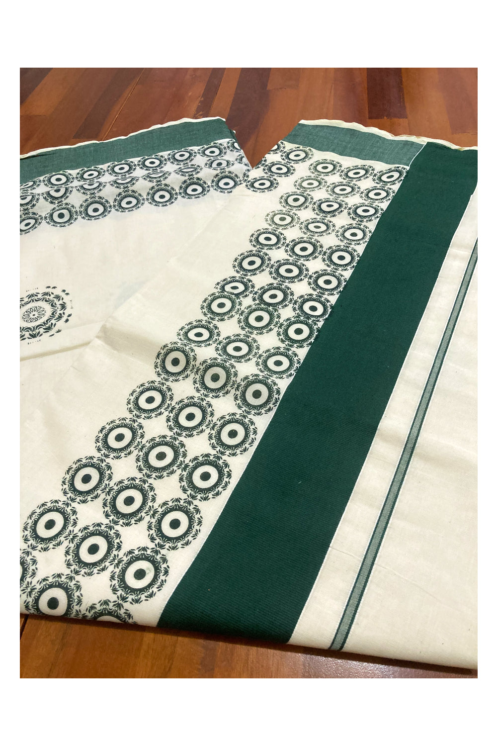 Pure Cotton Kerala Saree with Green Block Prints on Border and Pallu