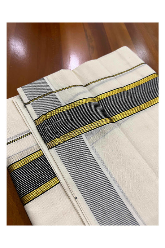 Off White Kerala Double Mundu with Black and Kasavu Border (South Indian Dhoti)