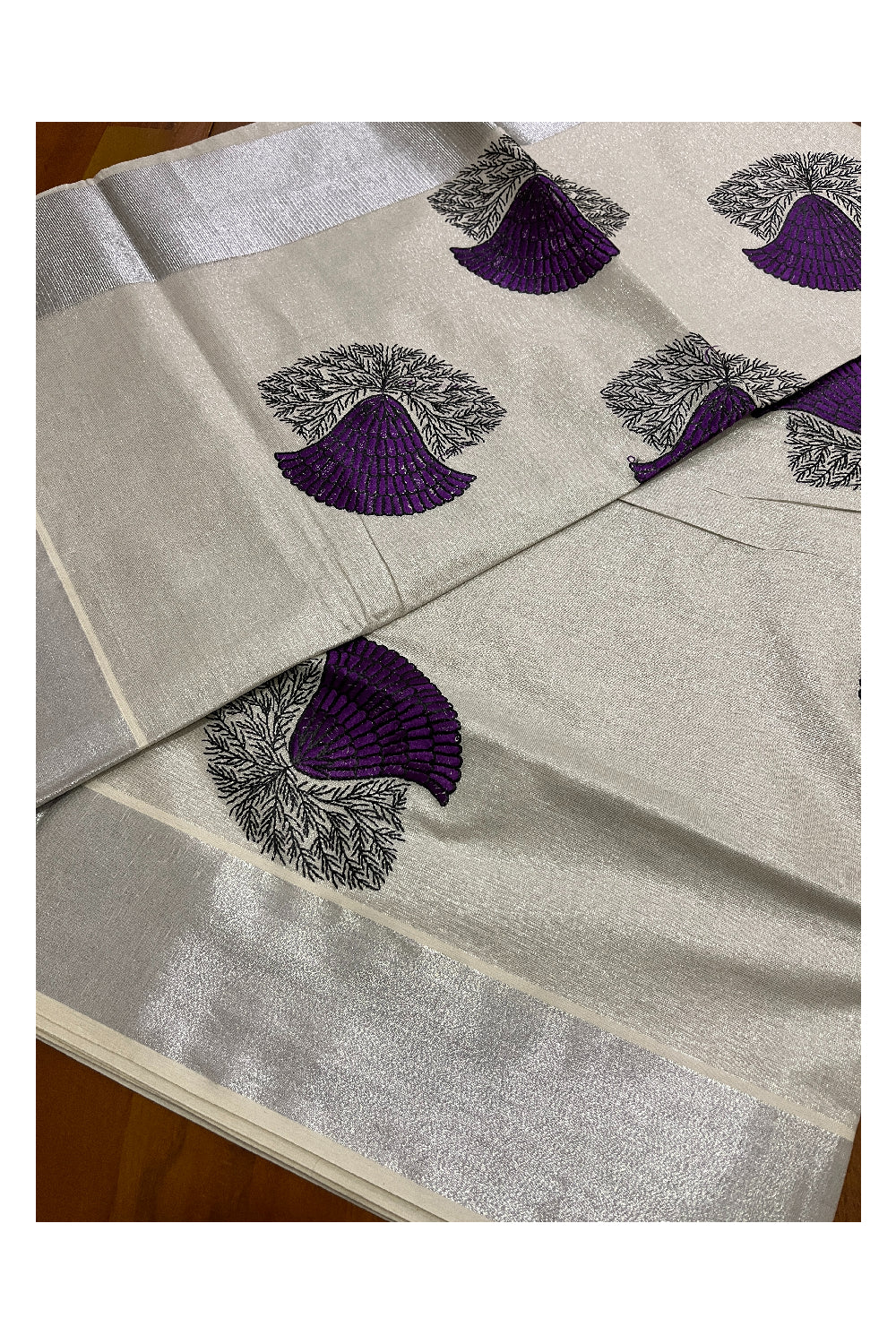 Kerala Silver Tissue Kasavu Saree with Violet Floral Embroidery Design