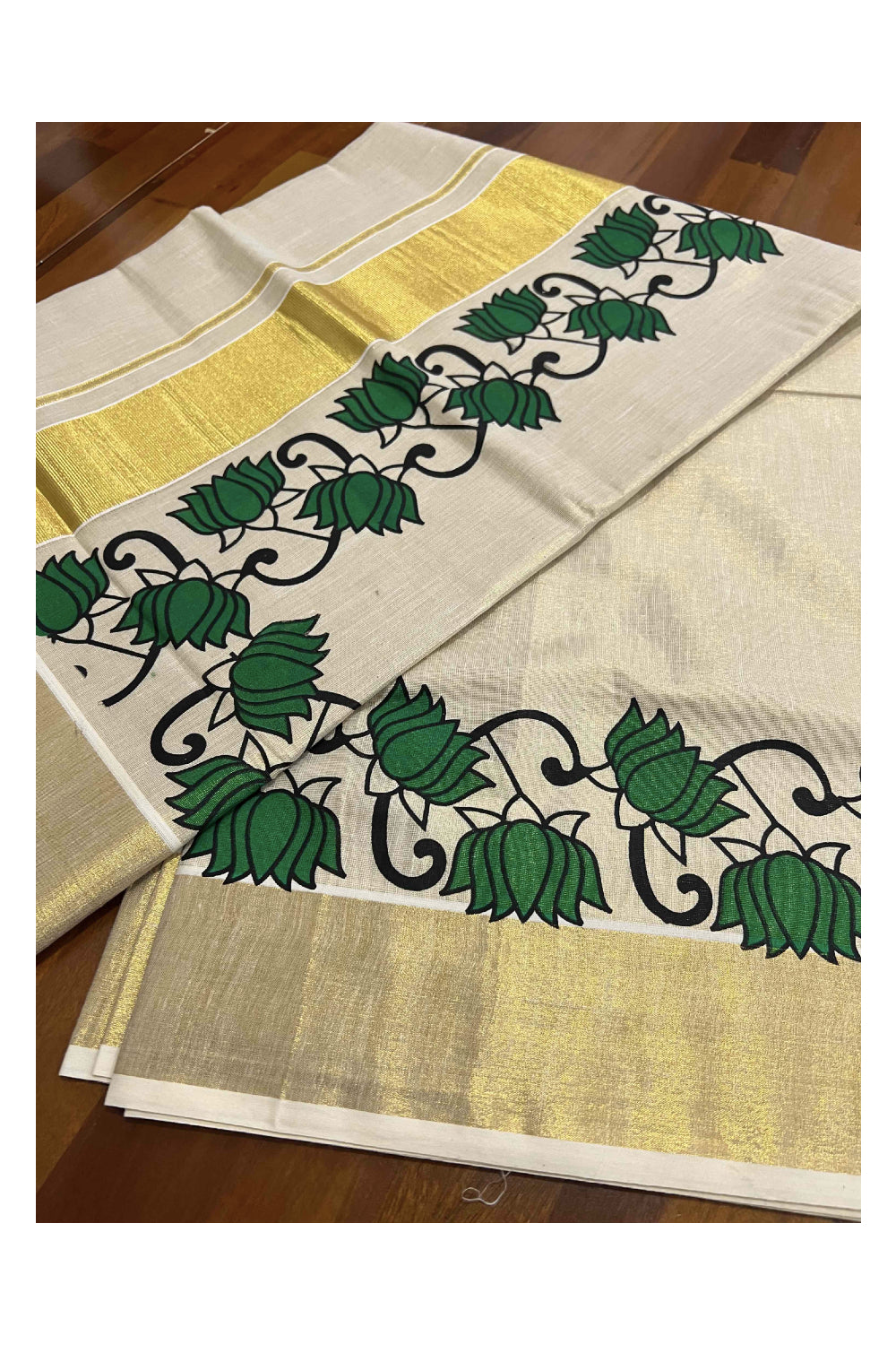 Kerala Tissue Kasavu Saree With Mural Green Floral Design on Pallu and Border