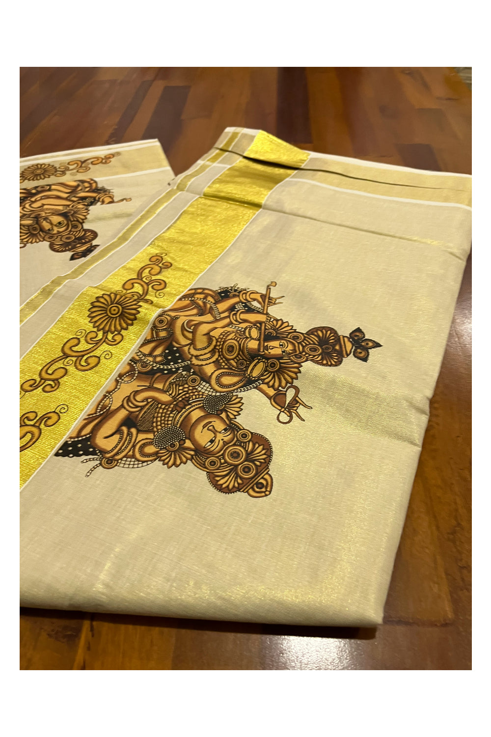 Kerala Tissue Kasavu Saree With Mural Krishna Radha Design and Printed Border