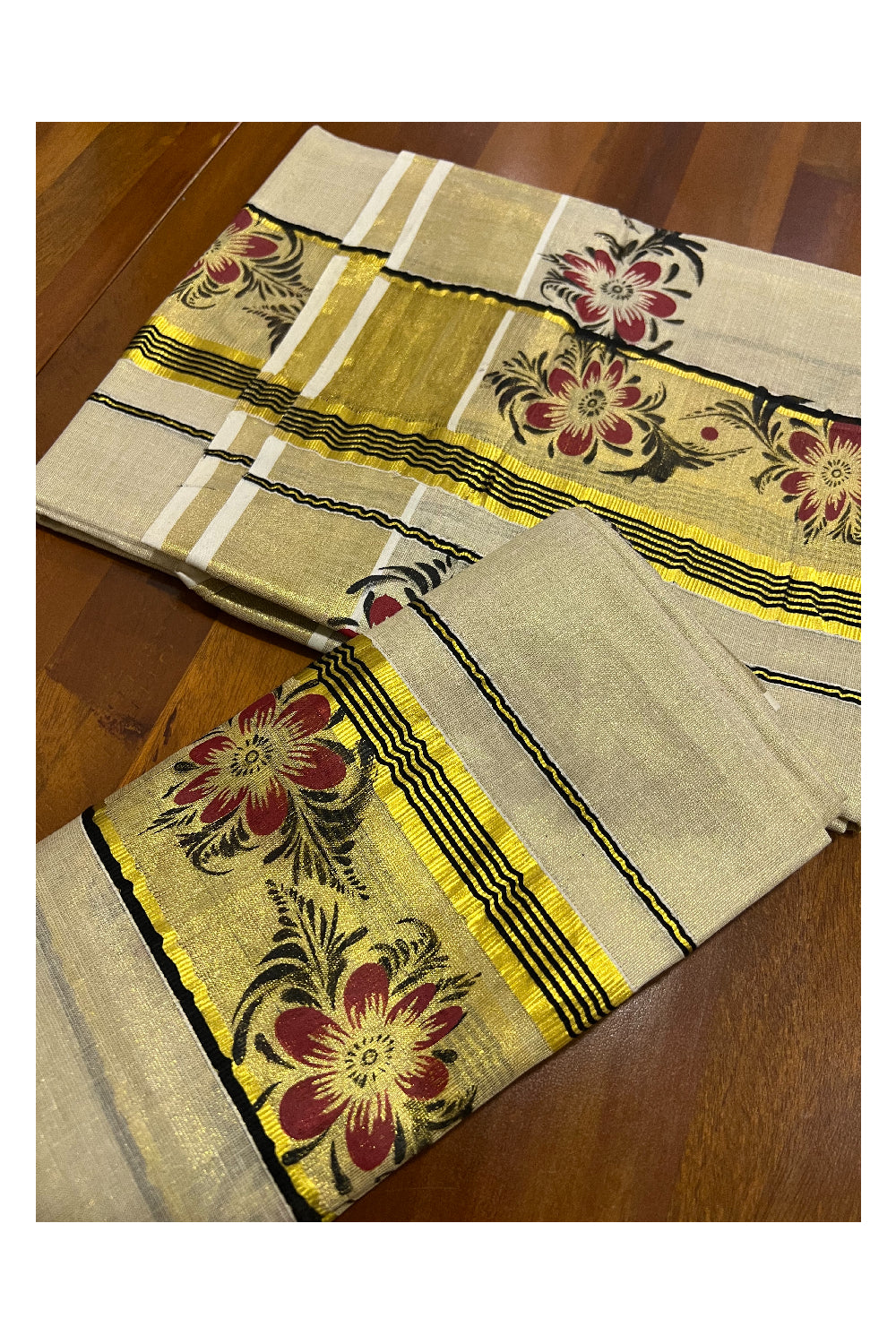 Kerala Tissue Kasavu Set Mundu (Mundum Neriyathum) with Black Red Floral Block Prints on Border