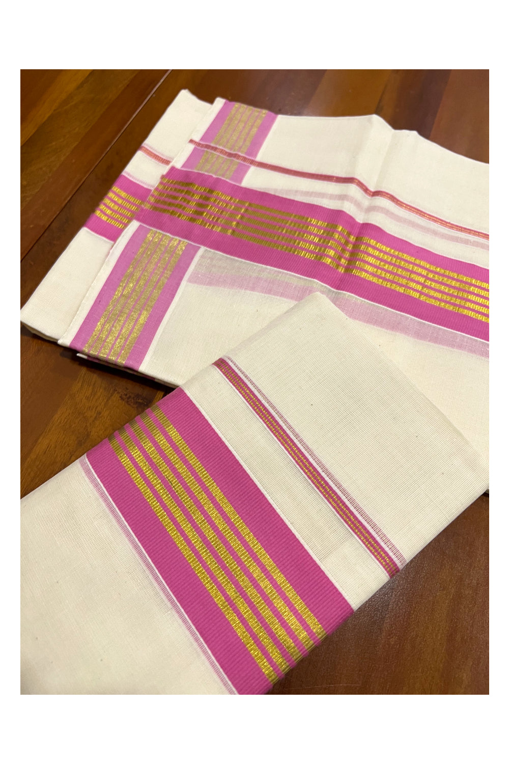 Pure Cotton Kerala Single Set Mundu (Mundum Neriyathum) with Pink and Kasavu Border 2.80 Mtrs