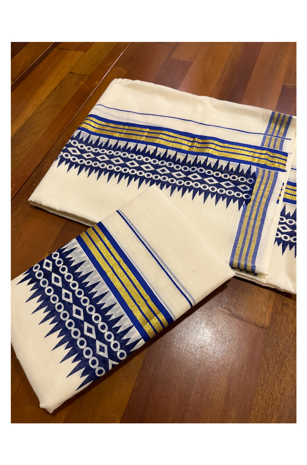 Pure Cotton Kasavu Single Set Mundu (Mundum Neriyathum Vishu 2023) with Blue Temple Block Prints on Border