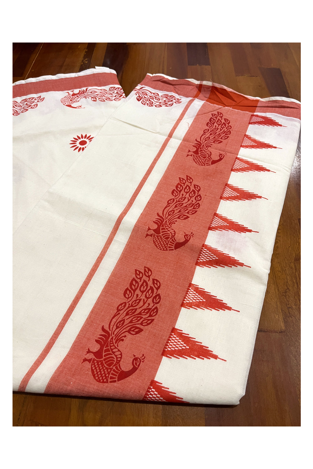 Pure Cotton Kerala Saree with Orange Peacock Temple Block Printed Border (Onam Saree 2023)