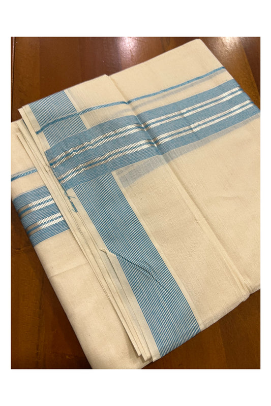 Off White Kerala Double Mundu with Silver Kasavu and Light Blue Line Border (South Indian Dhoti)