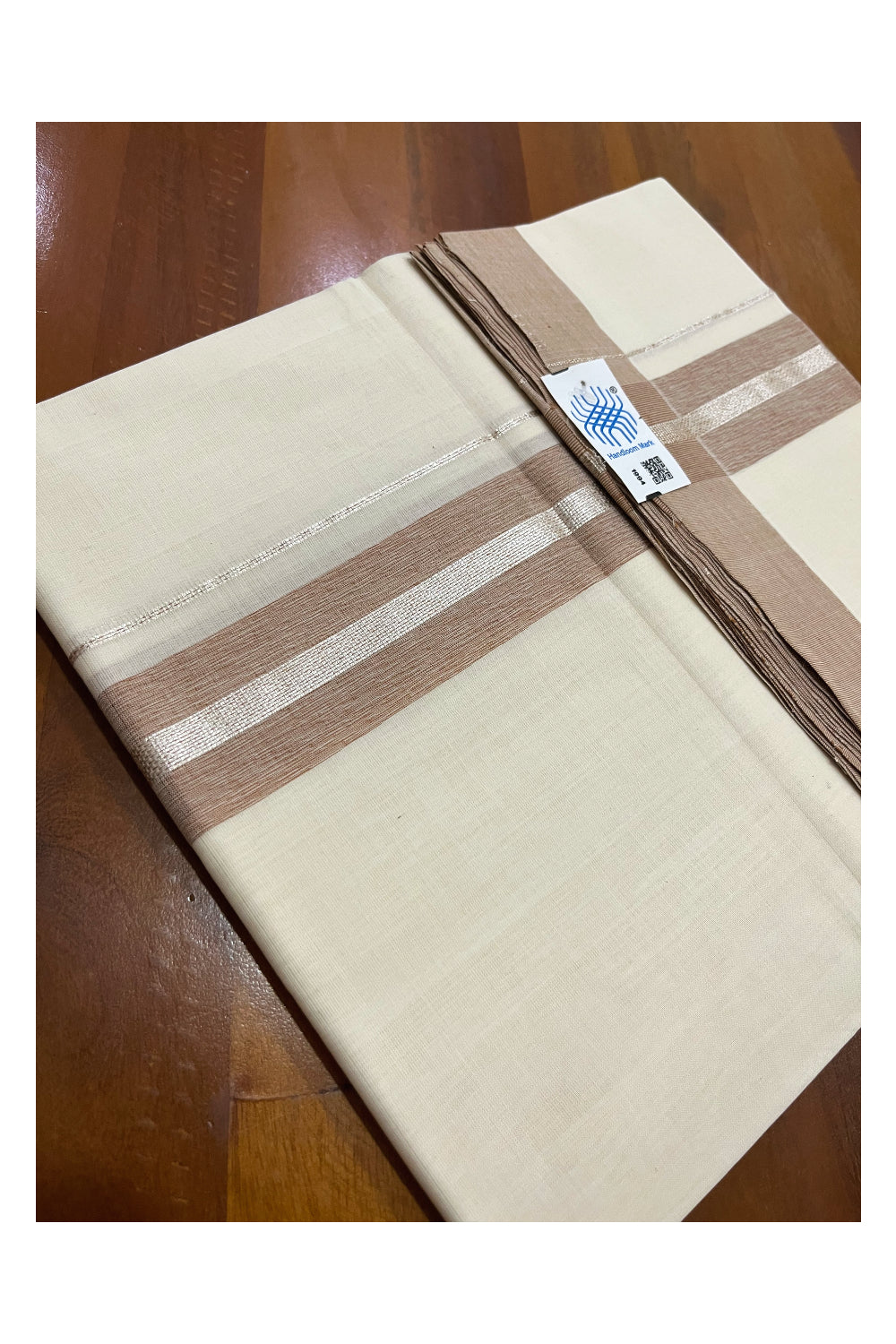 Southloom Premium Unakkupaavu Handloom Wedding Mundu with Brown and Silver Kasavu Border