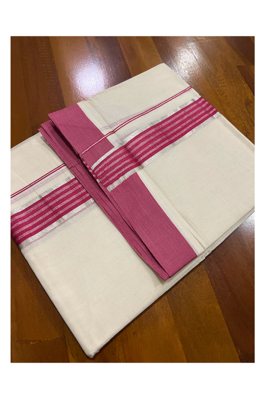 Off White Kerala Double Mundu with Dark Pink and Silver Kasavu Lines Border (South Indian Dhoti)