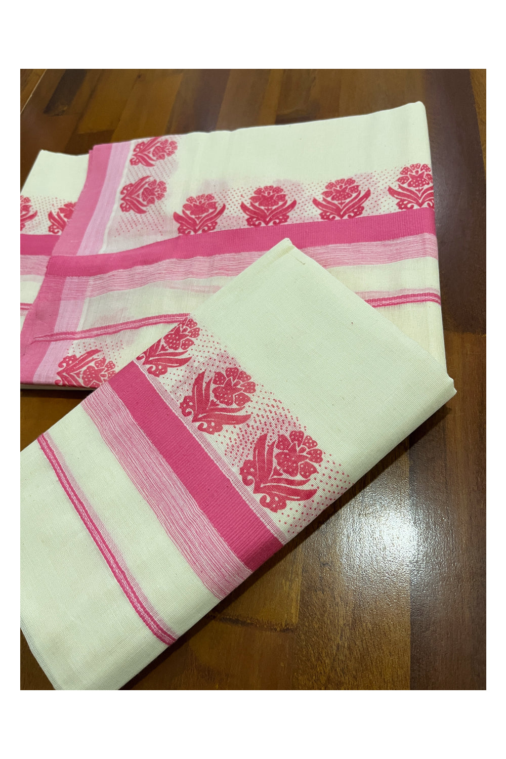 Kerala Cotton Single Set Mundu (Mundum Neriyathum) with Pink Floral Block Prints on Border