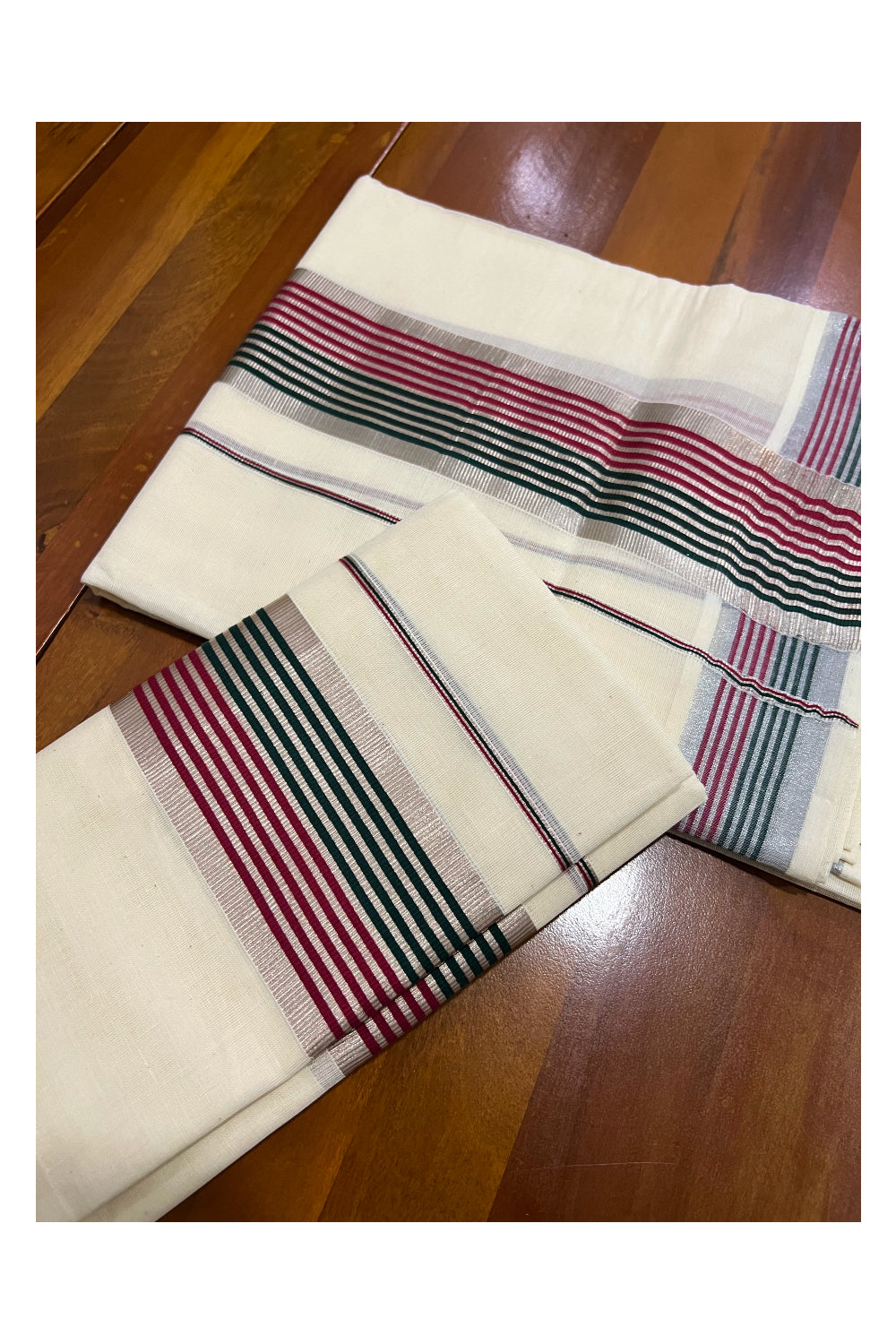 Kerala Cotton Kasavu Set Mundu (Mundum Neriyathum) with Maroon Green and Silver Kasavu Border 2.80 Mtrs