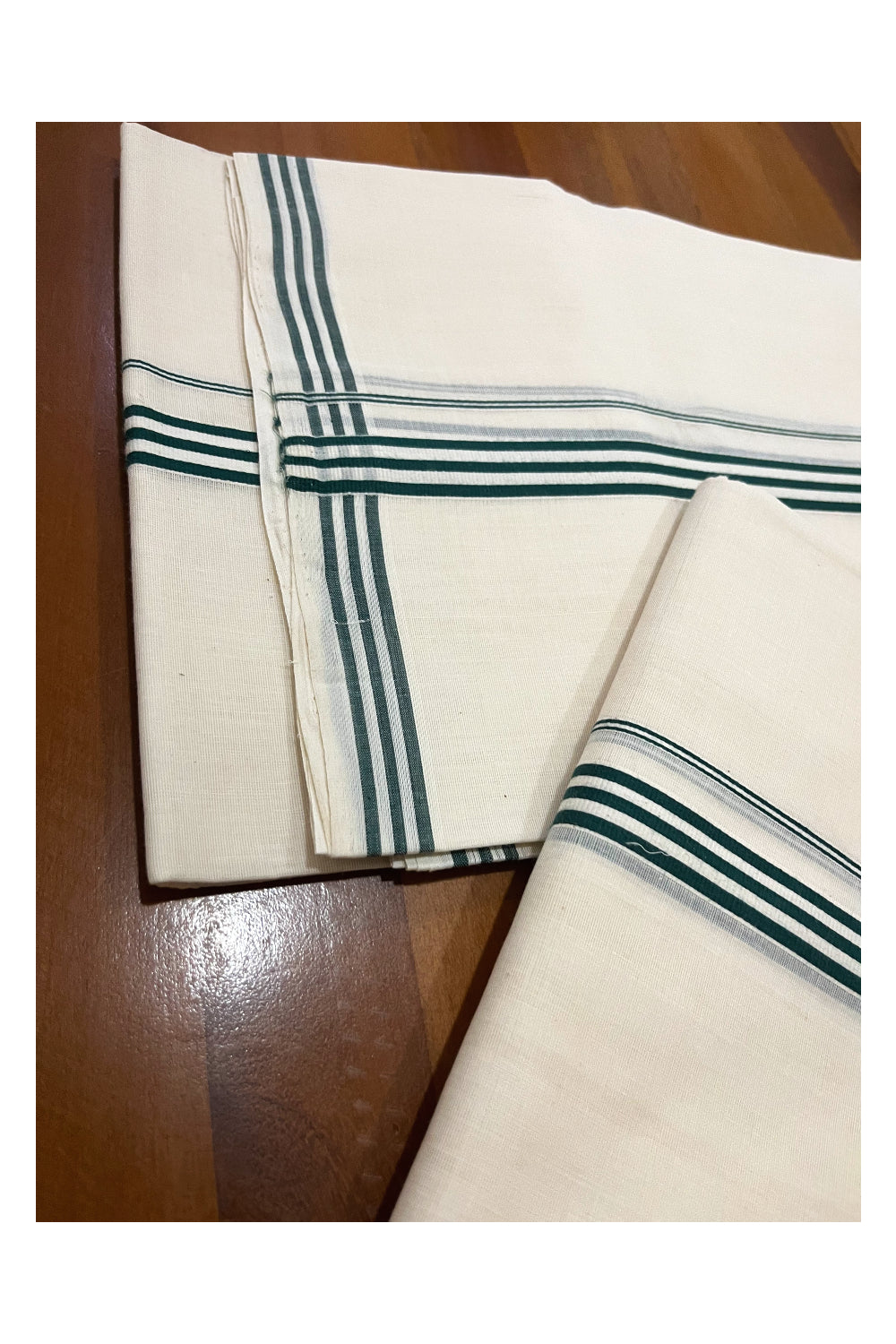 Southloom Premium Handloom Single Set Mundu (Mundum Neriyathum) with Green Lines Border