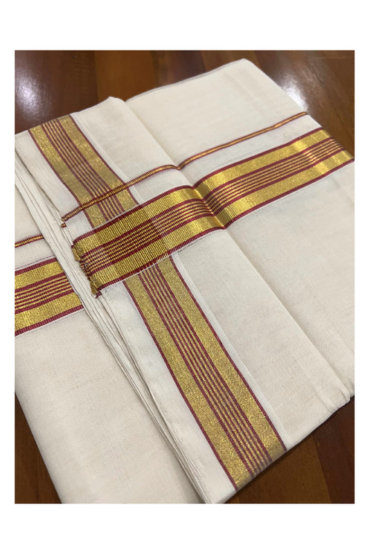 Southloom Kuthampully Handloom Pure Cotton Mundu with Golden and Red Kasavu Lines Border (South Indian Dhoti)