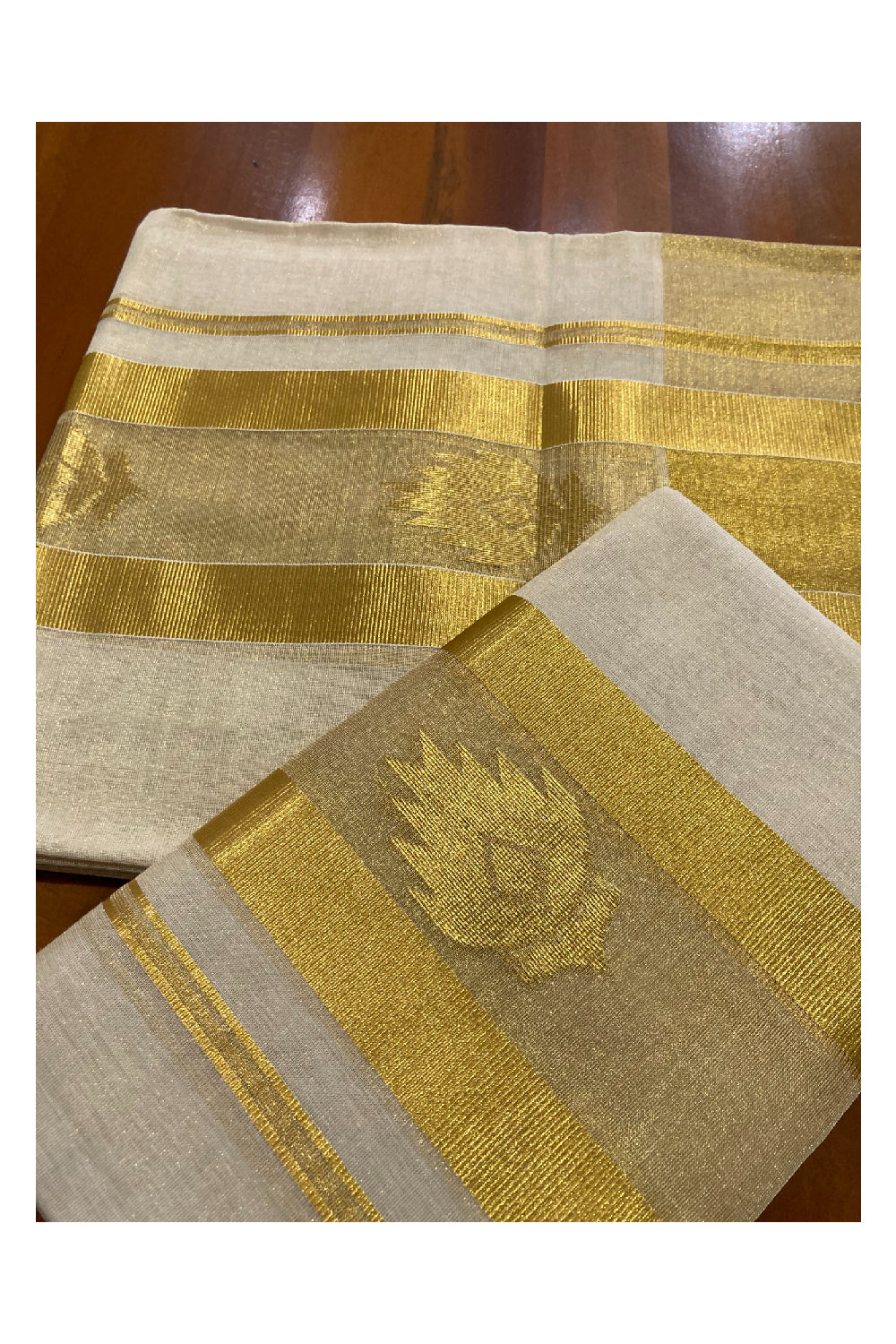 Southloom Handloom Tissue Kasavu Premium Set Mundu with Butta Work Across Border (2.80 m)