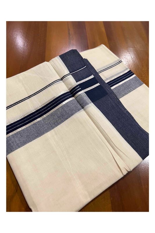 Off White Kerala Double Mundu with Silver Kasavu and Navy Blue Border (South Indian Dhoti)