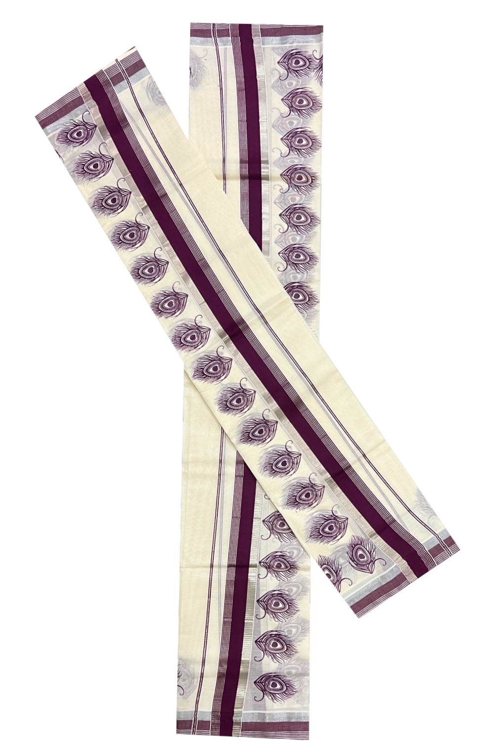 Pure Cotton Silver Kasavu Set Mundu (Mundum Neriyathum) with Purple Feather Block Prints on Border