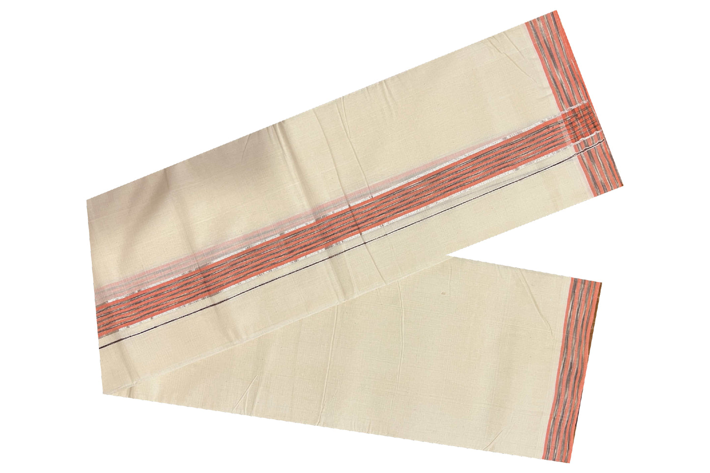 Southloom Balaramapuram Pure Cotton Handloom Mundu with Silver Kasavu and Orange Brown Lines Border