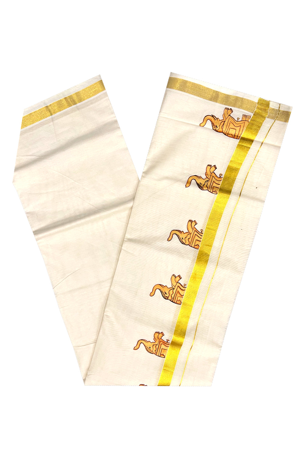 Pure Cotton Kasavu Mundu with Mural Hand Painted Elephant Design (South Indian Dhoti)