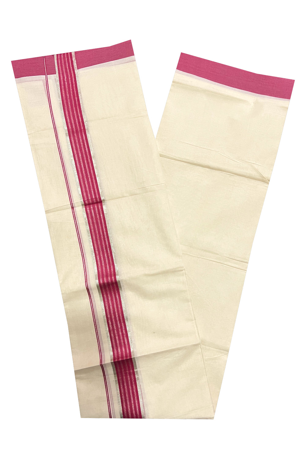 Off White Kerala Double Mundu with Dark Pink and Silver Kasavu Lines Border (South Indian Dhoti)